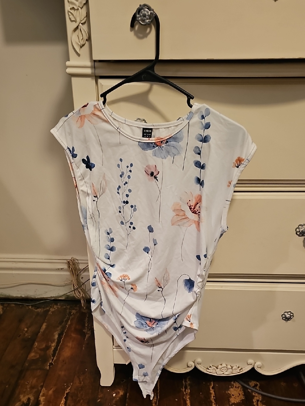 SHEIN Tummy Control White Floral Cap-Sleeve Bodysuit with Blue and Peach Accents